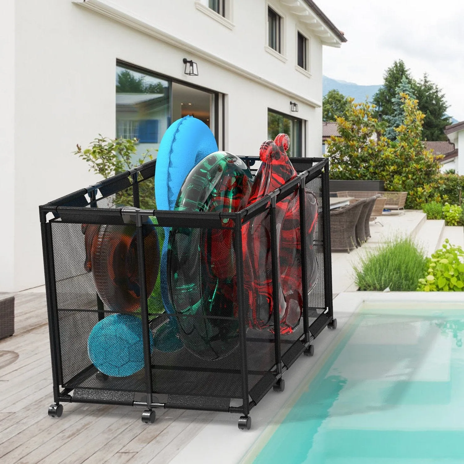 210 Gallon Pool Storage Bin Organizer Rolling Mesh Storage Basket with Lockable Wheels