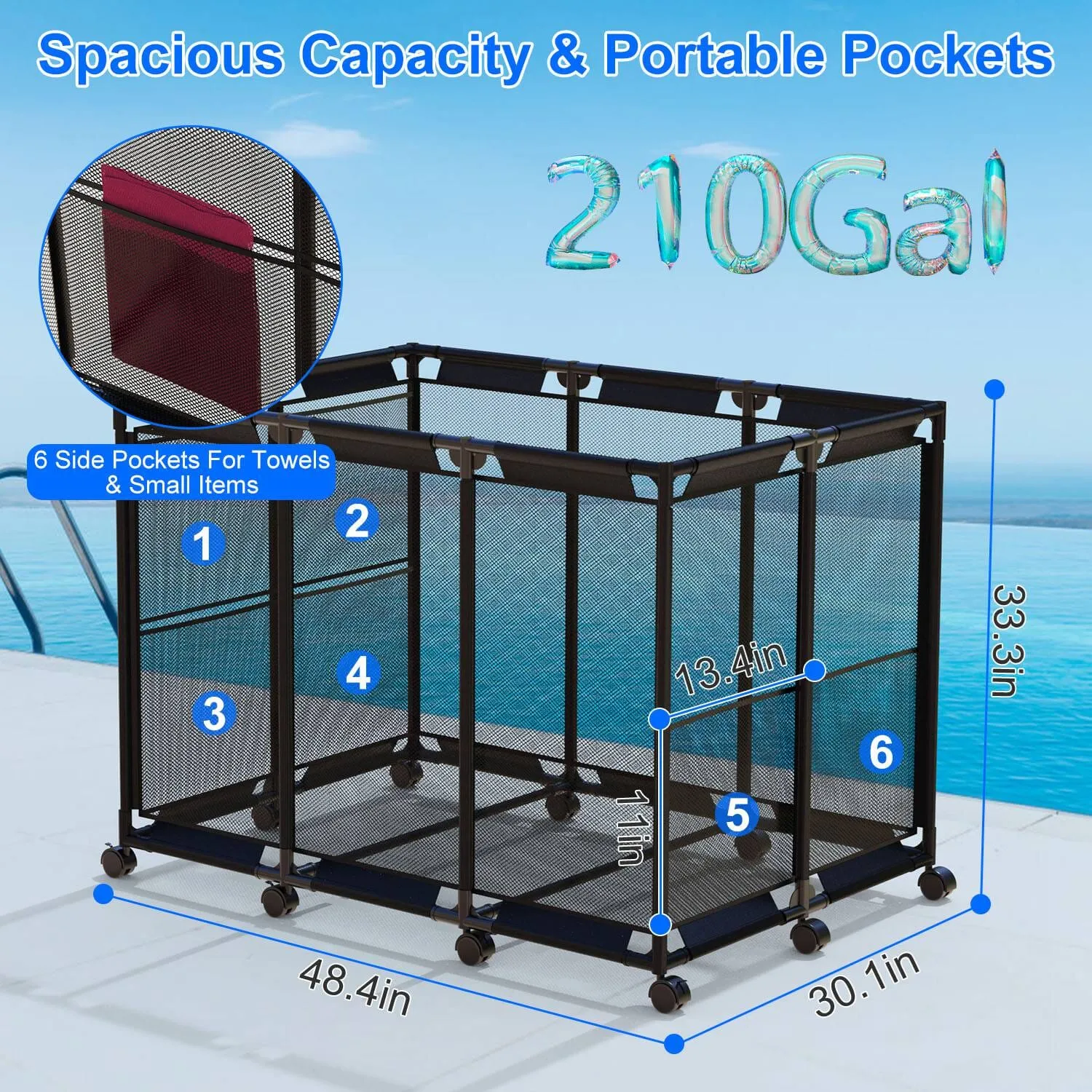 210 Gallon Pool Storage Bin Organizer Rolling Mesh Storage Basket with Lockable Wheels