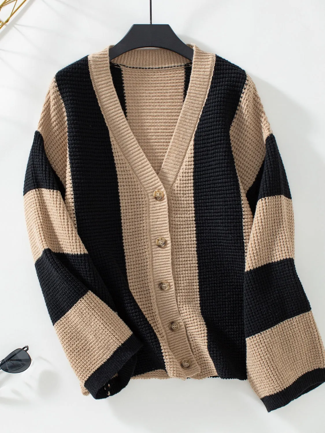 Adored Waffle-Knit V-Neck Striped Long Sleeve Cardigan