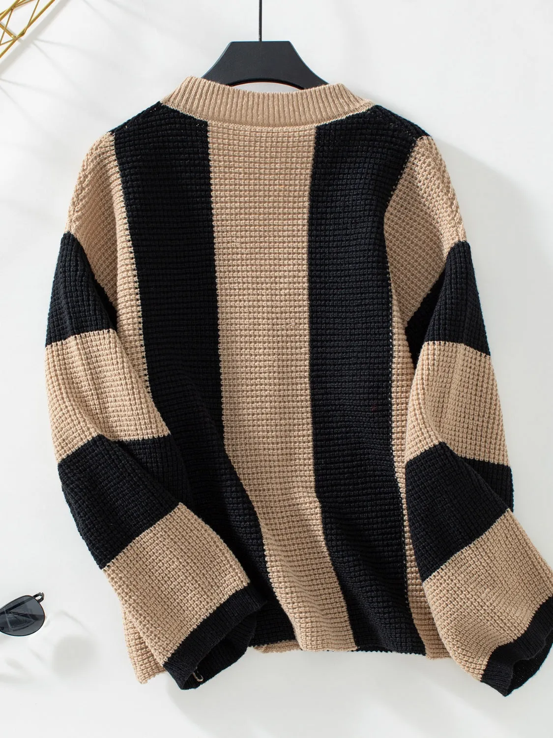 Adored Waffle-Knit V-Neck Striped Long Sleeve Cardigan