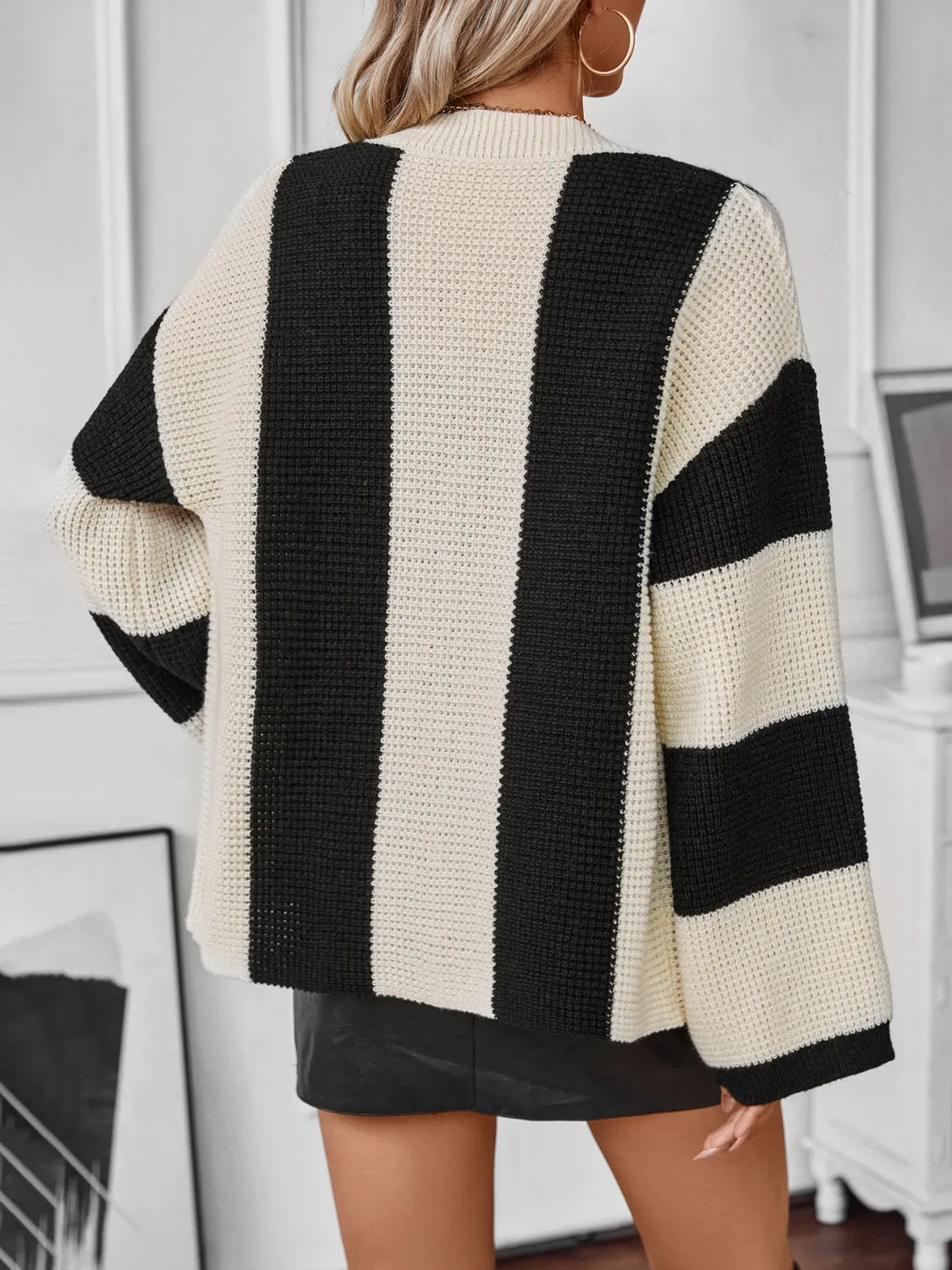 Adored Waffle-Knit V-Neck Striped Long Sleeve Cardigan