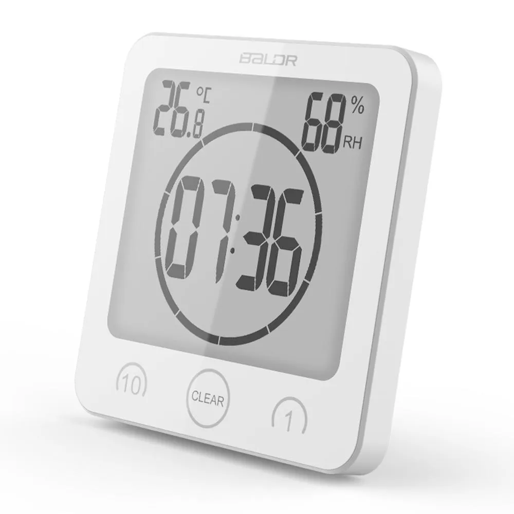 BALDR Waterproof Shower Clock with Timer for Bathroom - Wall Mounted LCD Clock Displays Time, Temperature & Indoor Relative Humidity