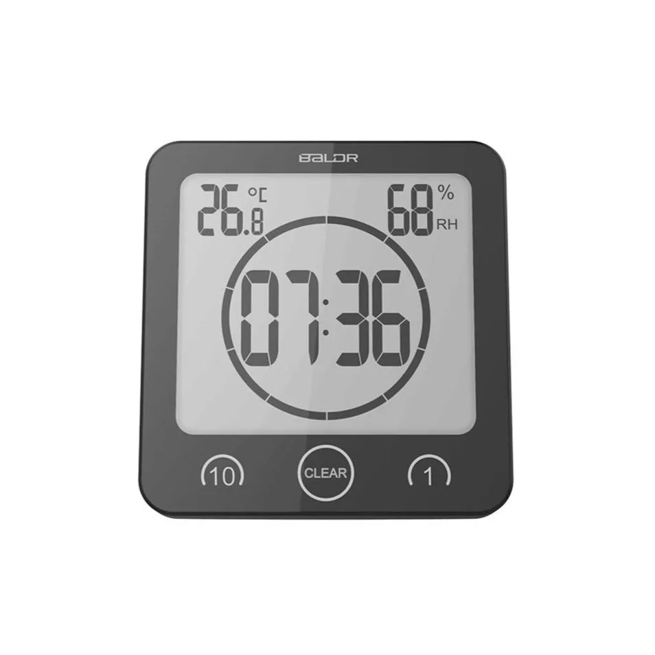 BALDR Waterproof Shower Clock with Timer for Bathroom - Wall Mounted LCD Clock Displays Time, Temperature & Indoor Relative Humidity