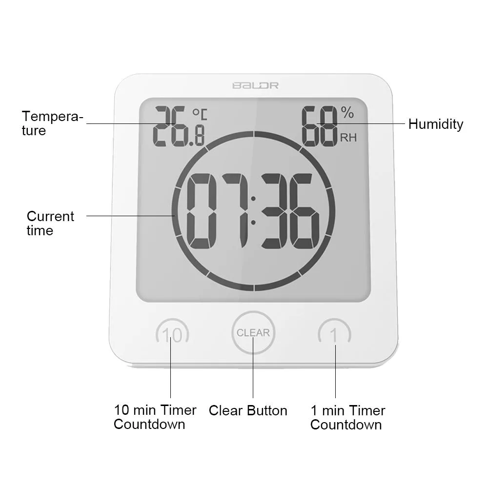 BALDR Waterproof Shower Clock with Timer for Bathroom - Wall Mounted LCD Clock Displays Time, Temperature & Indoor Relative Humidity