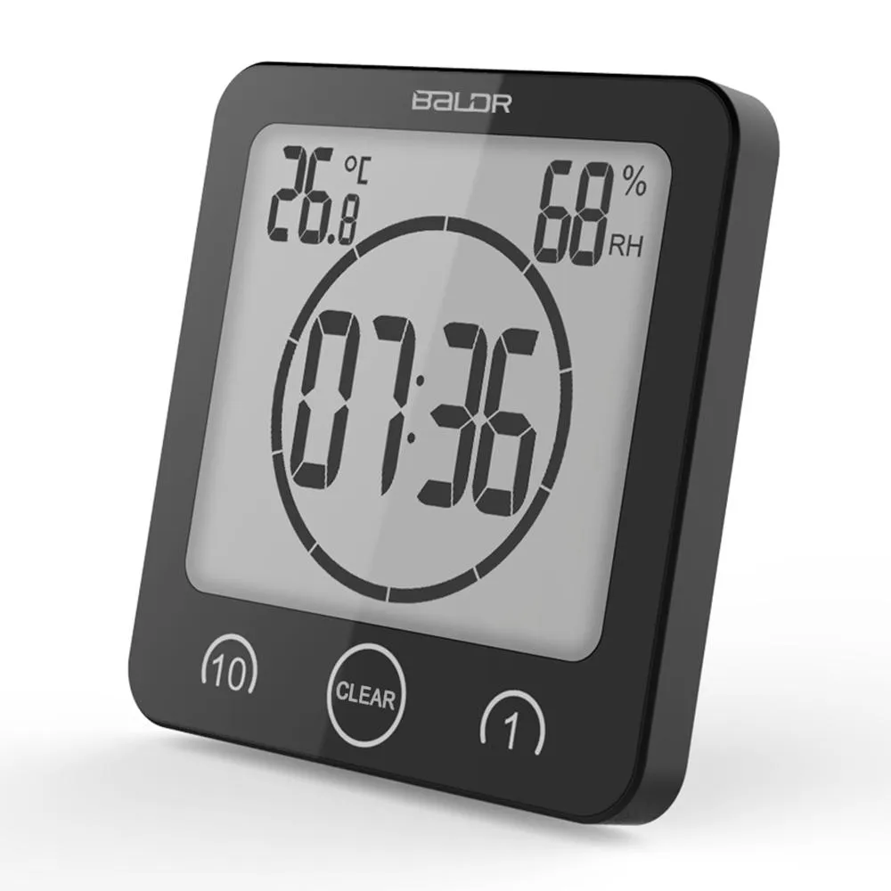 BALDR Waterproof Shower Clock with Timer for Bathroom - Wall Mounted LCD Clock Displays Time, Temperature & Indoor Relative Humidity