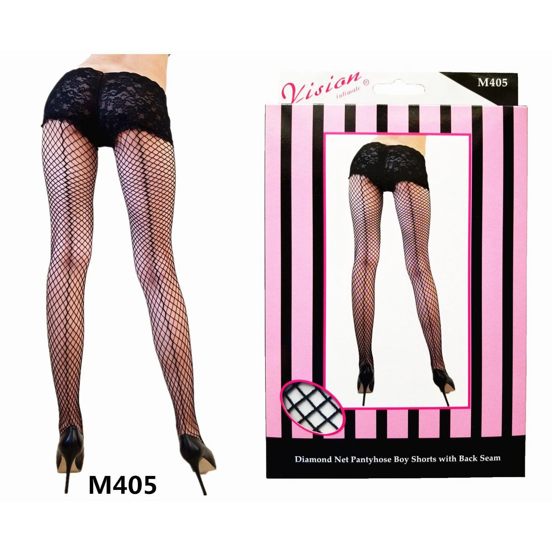 Diamond Net Pantyhose with built in Lace boy shorts Black