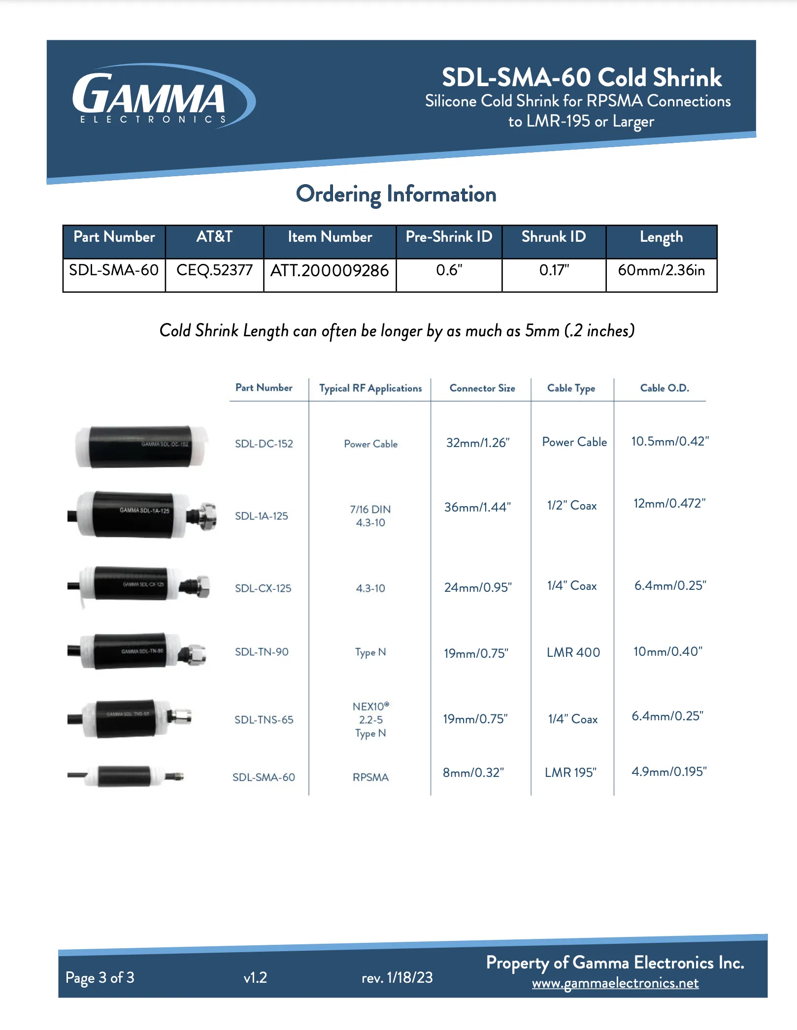 Gamma SDL-SMA-60 Cold Shrink Tubing