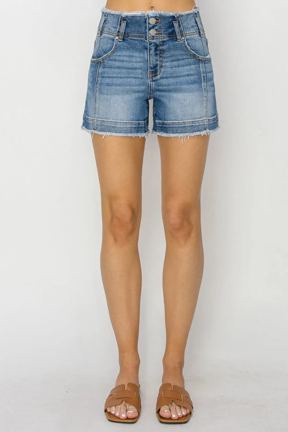 High Rise Seam Detailed Raw Edge Denim Shorts