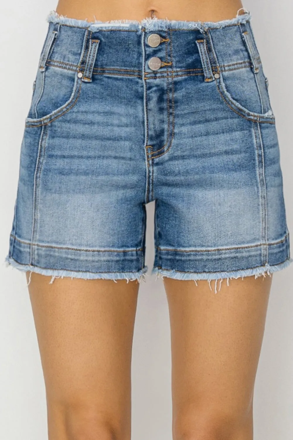 High Rise Seam Detailed Raw Edge Denim Shorts