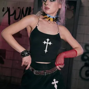 Mysterious Sexy Chain Black Cross Print Black Crop Top