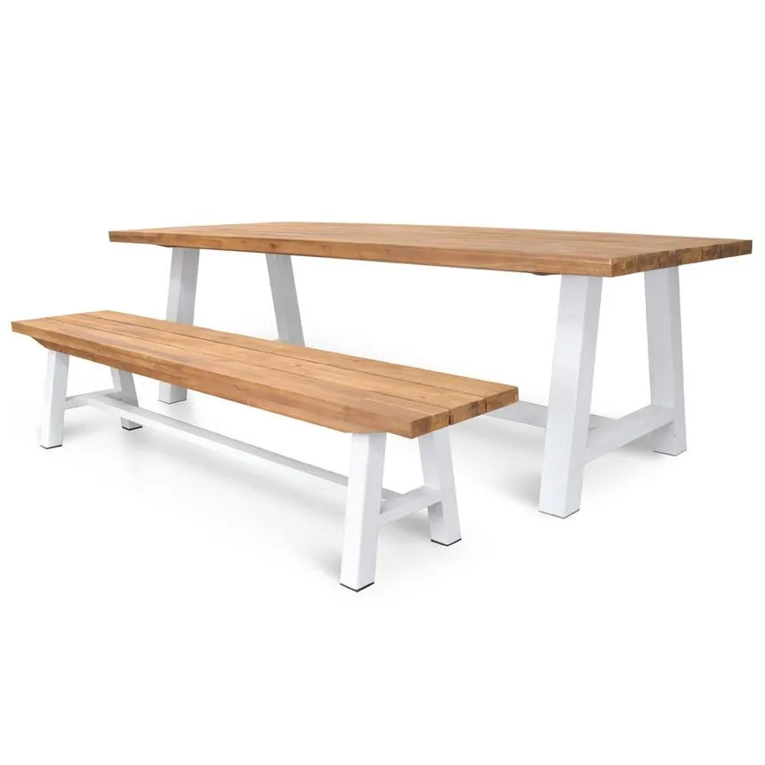 Outdoor Wooden Bench - Natural Top and White Legs