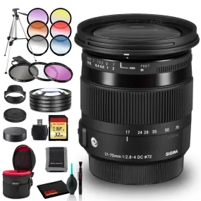 Sigma 17-70mm f/2.8-4 DC Macro OS HSM Contemporary Lens for Nikon F with 57" Tripod, 32GB Memory, Filter Kits Bundle