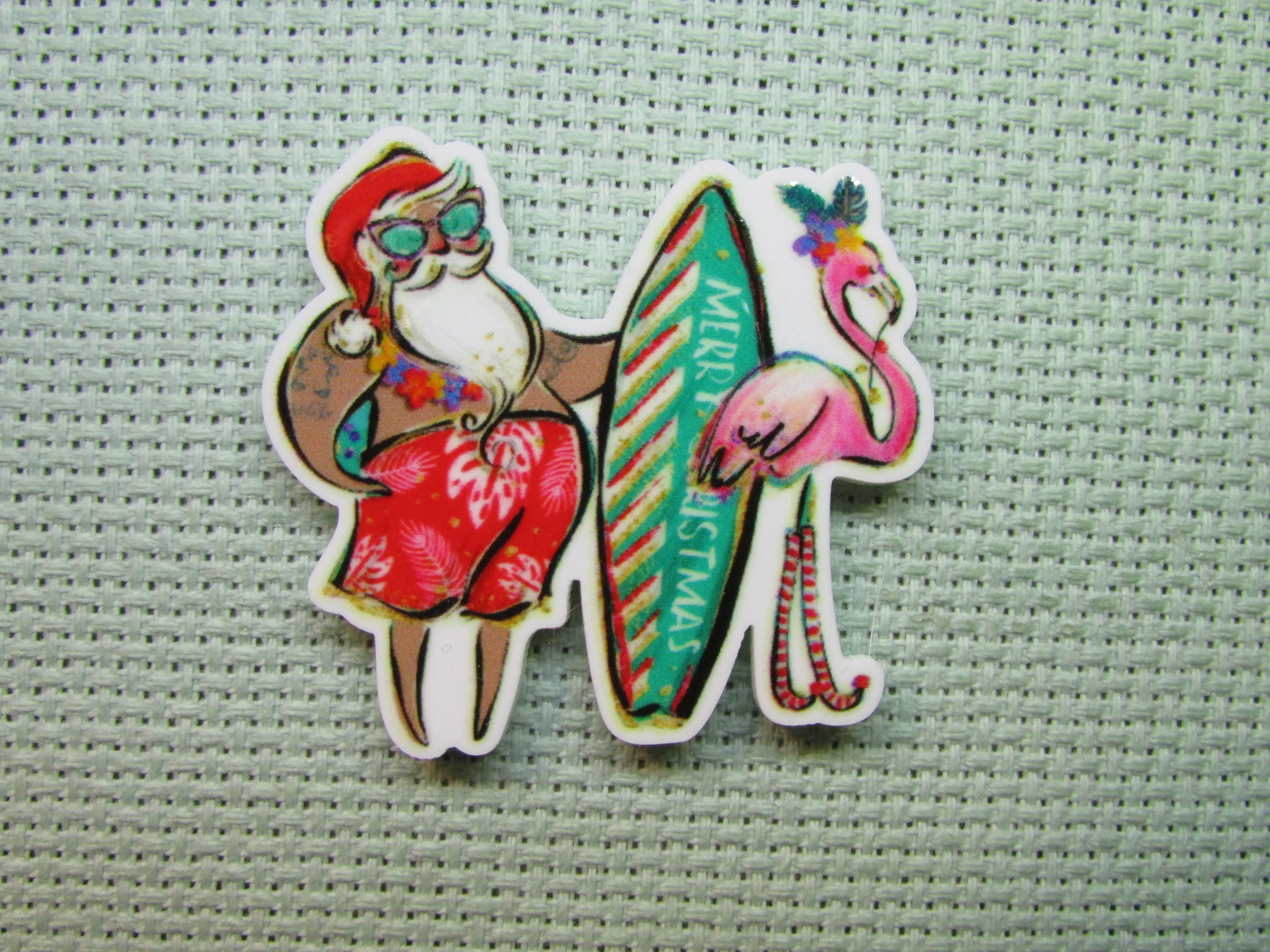 Surfing Santa with a Flamingo Needle Minder, Cover Minder, Magnet