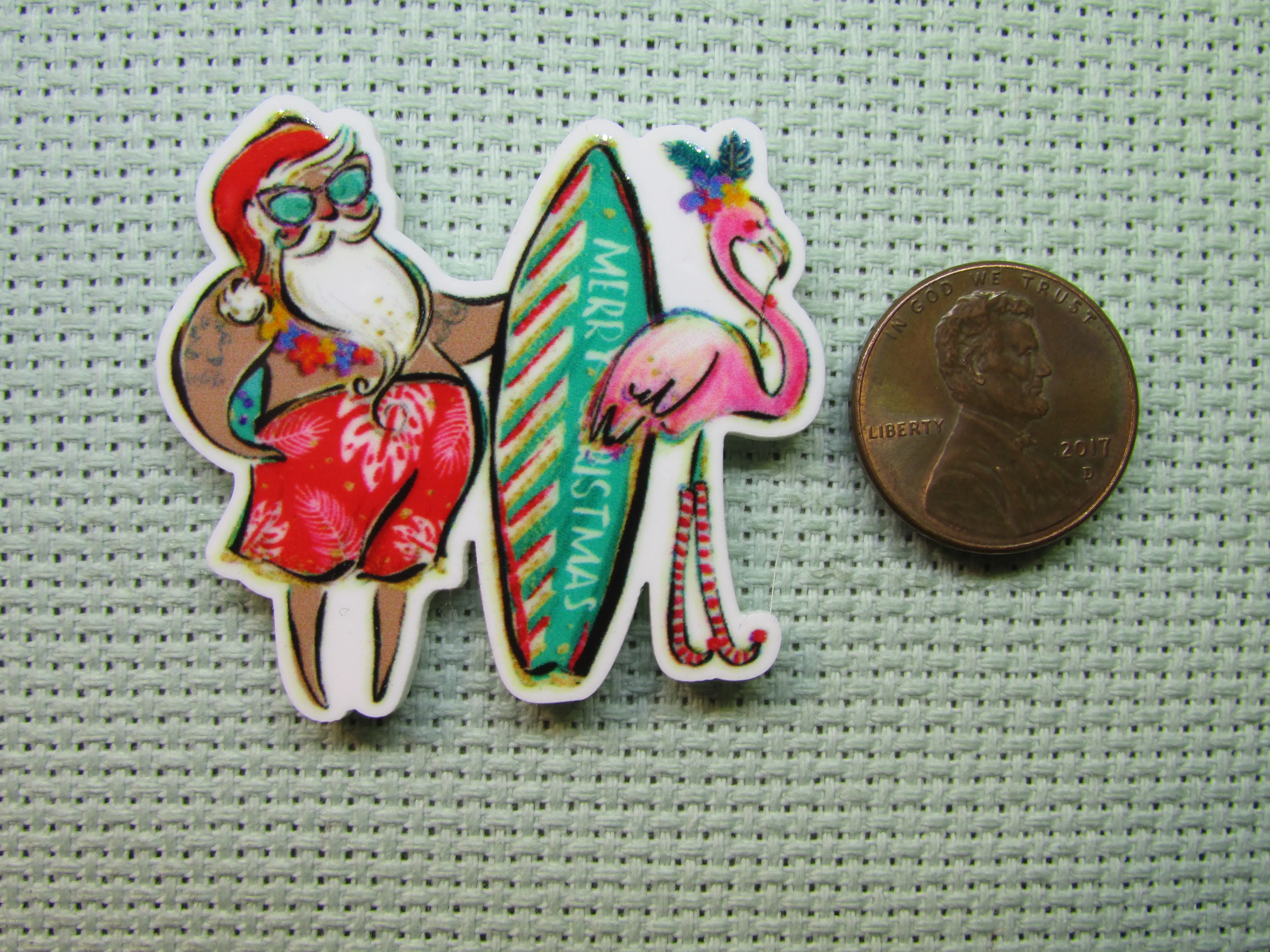 Surfing Santa with a Flamingo Needle Minder, Cover Minder, Magnet