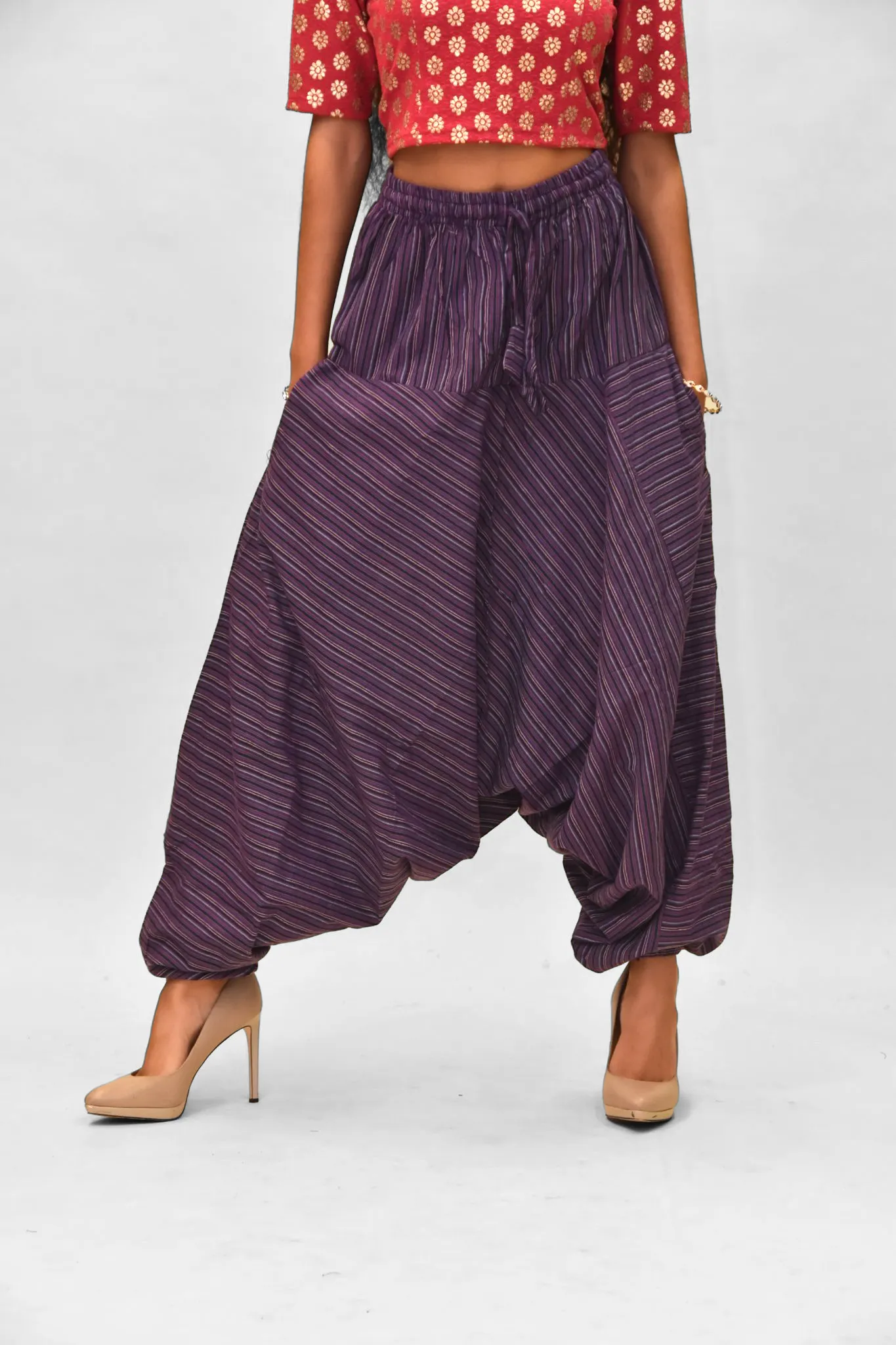 Unisex Cotton Plum Purple Striped Harem pants