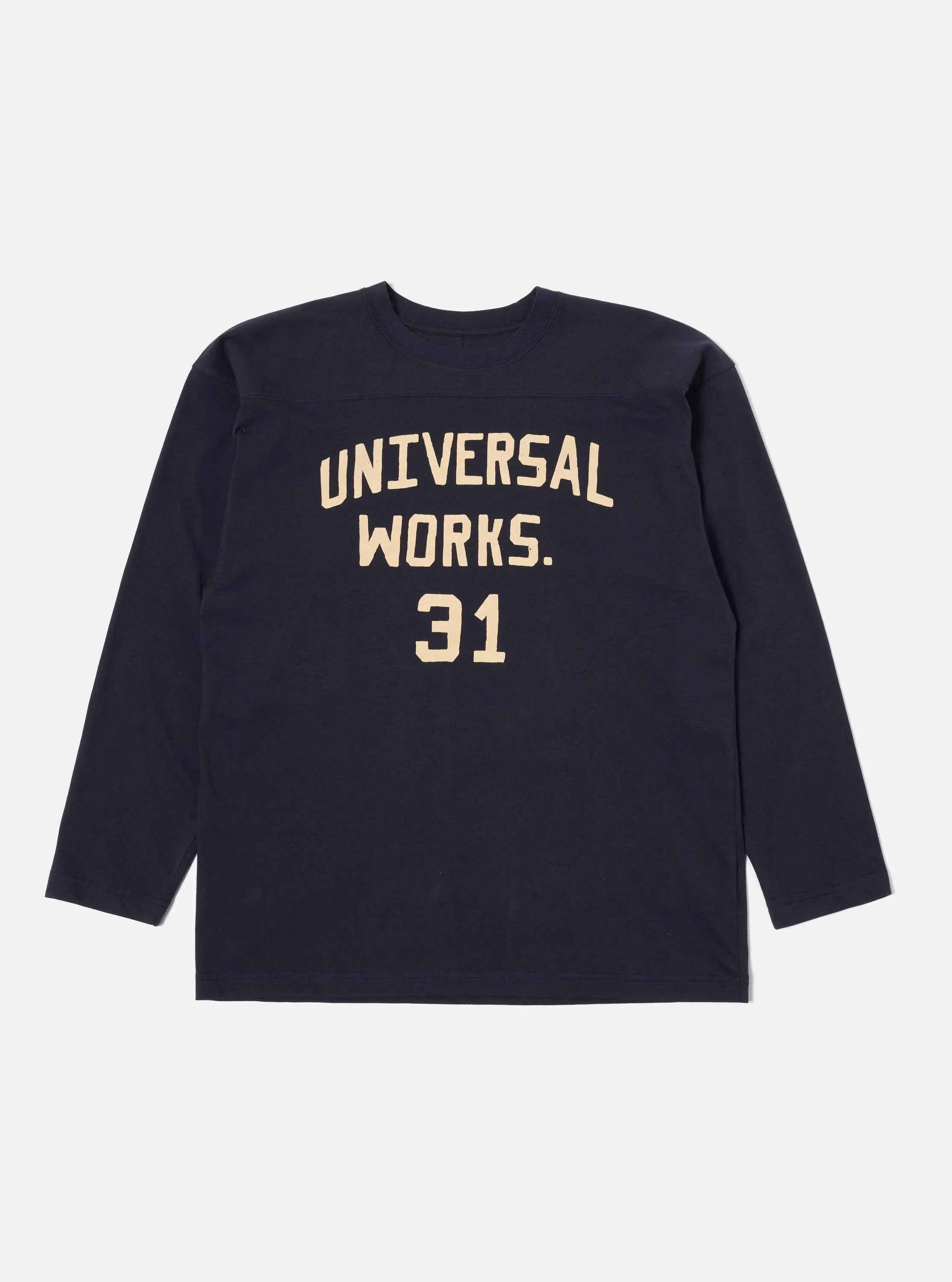 Universal Works Football T Shirt in Navy Single Jersey UW31