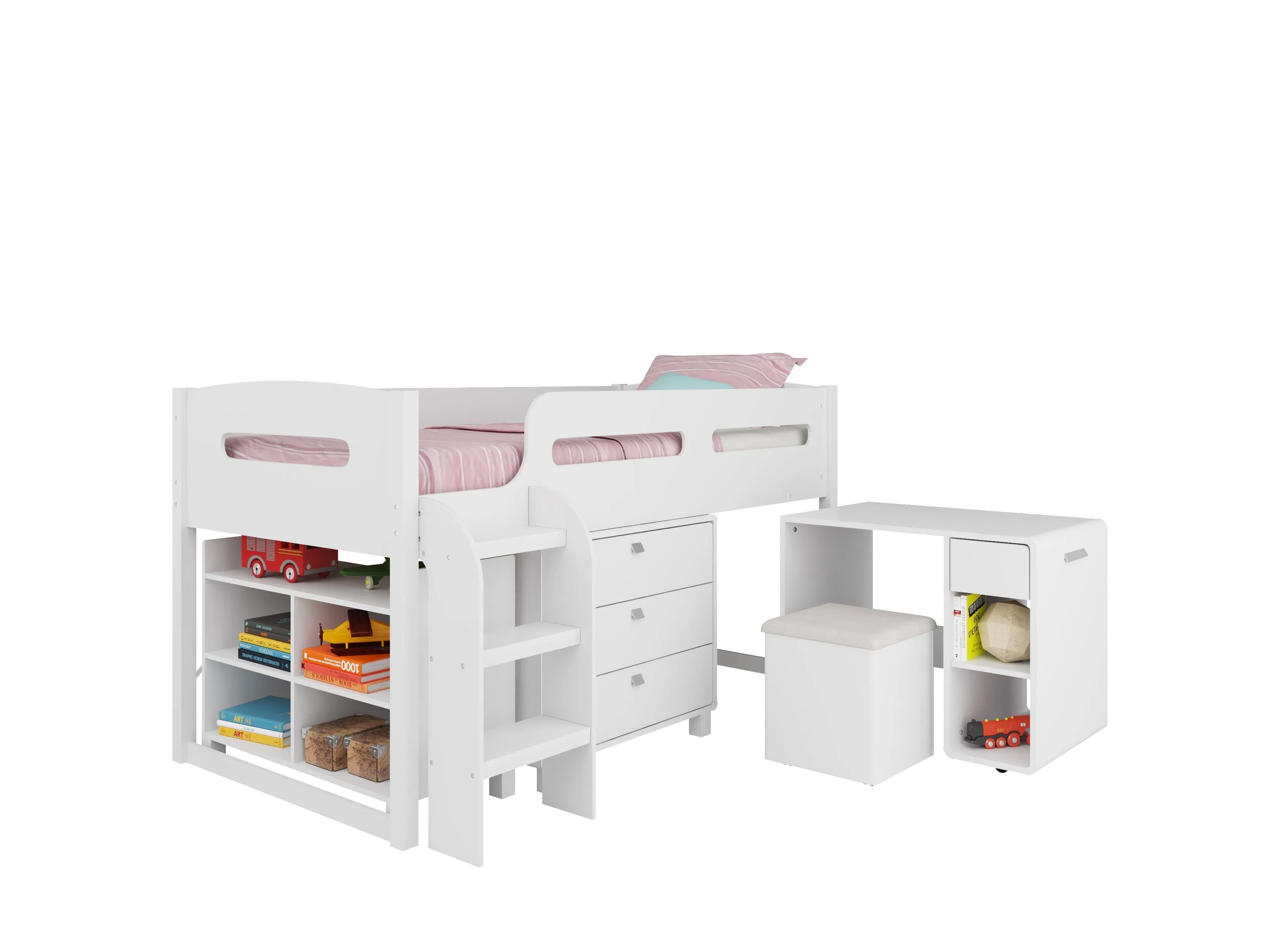 White Twin Loft Bed with Desk