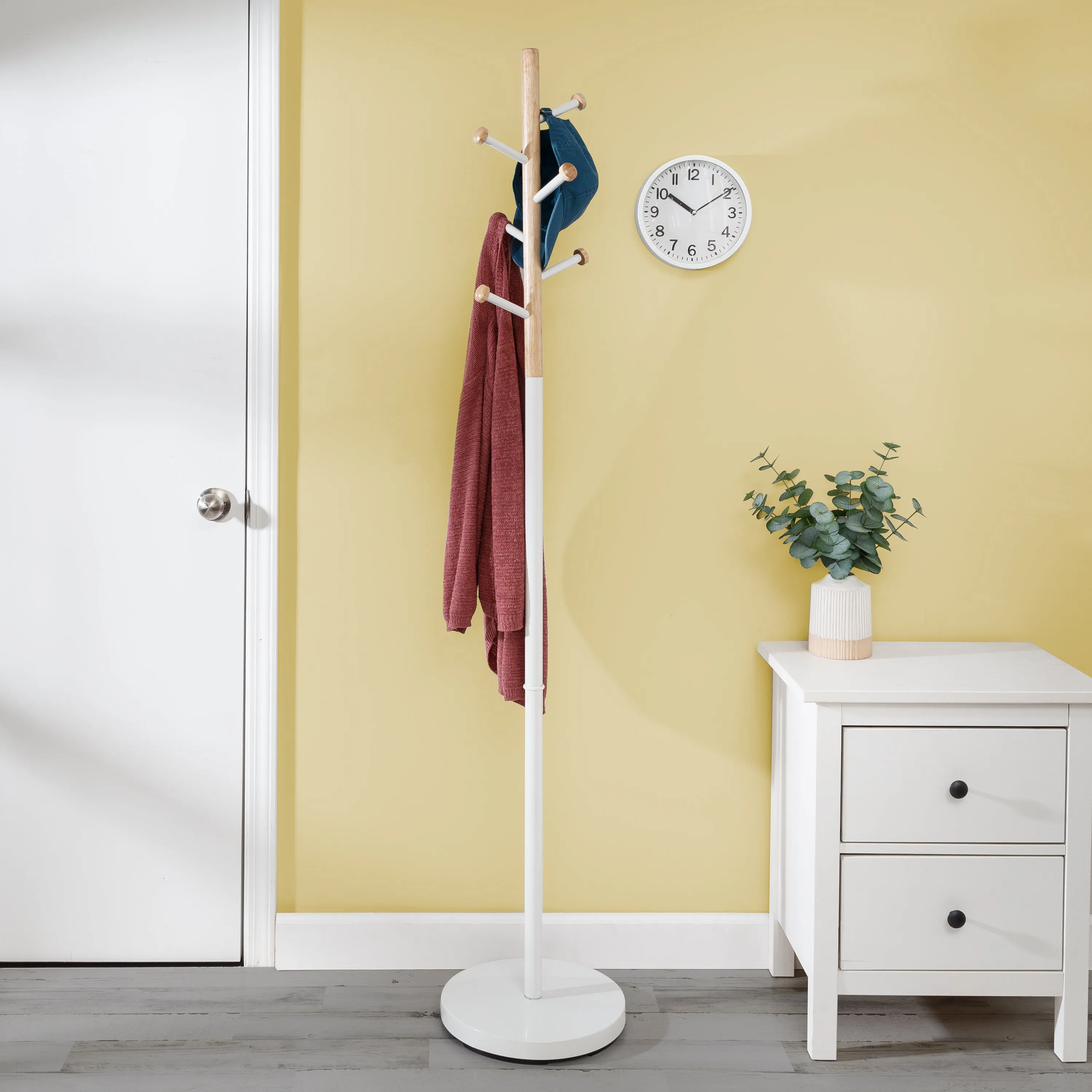 White/Natural Freestanding Modern Coat Rack with 6 Hooks