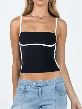 Women Sleeveless Spaghetti Strap Square Neck Contrast Color Slim Fit Basic Black Mini Vest 2024 Crop Top