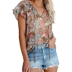 Women's Casual Boho Floral Printed V Neck Tops Drawstring Blouse