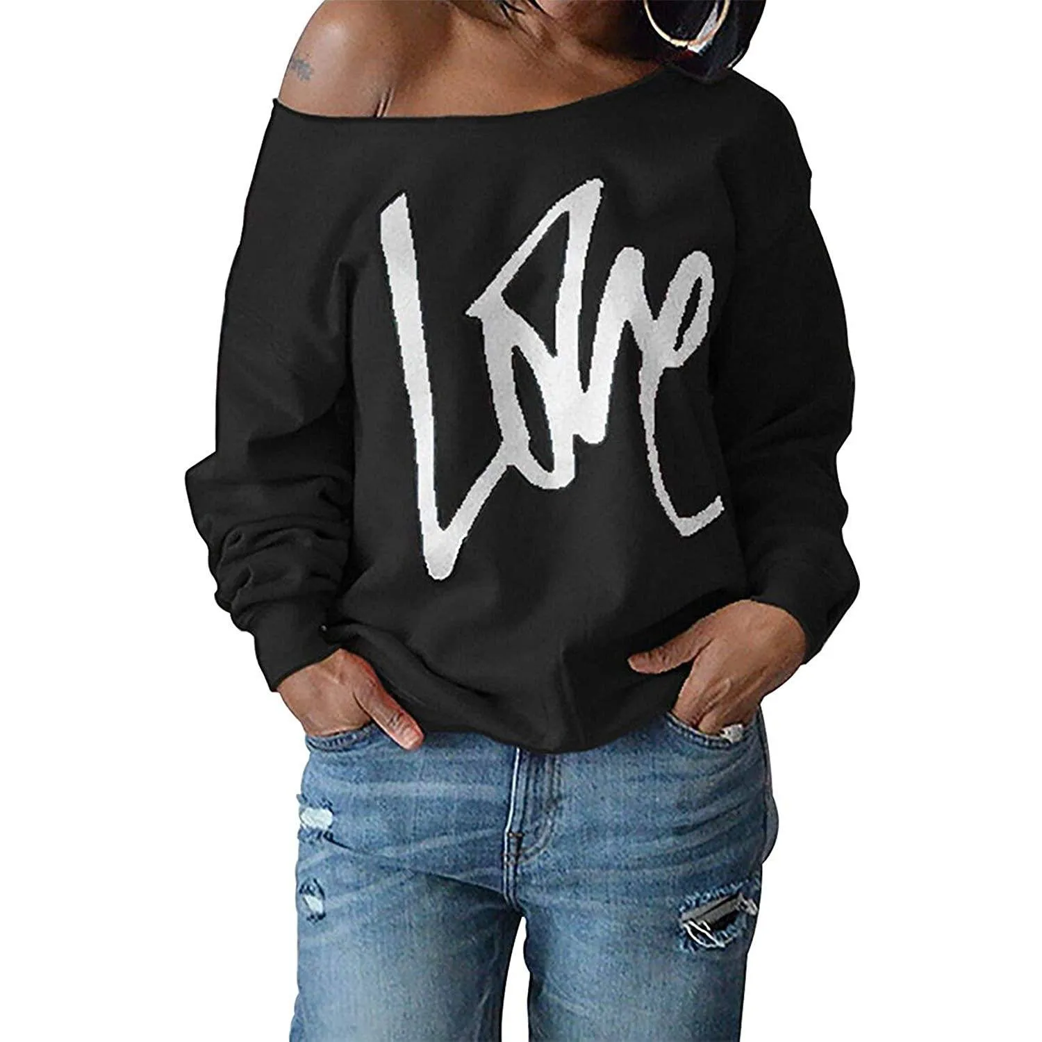 Womens Love Letter Printed Off Shoulder Pullover Sweatshirt Slouchy Tops Shirts