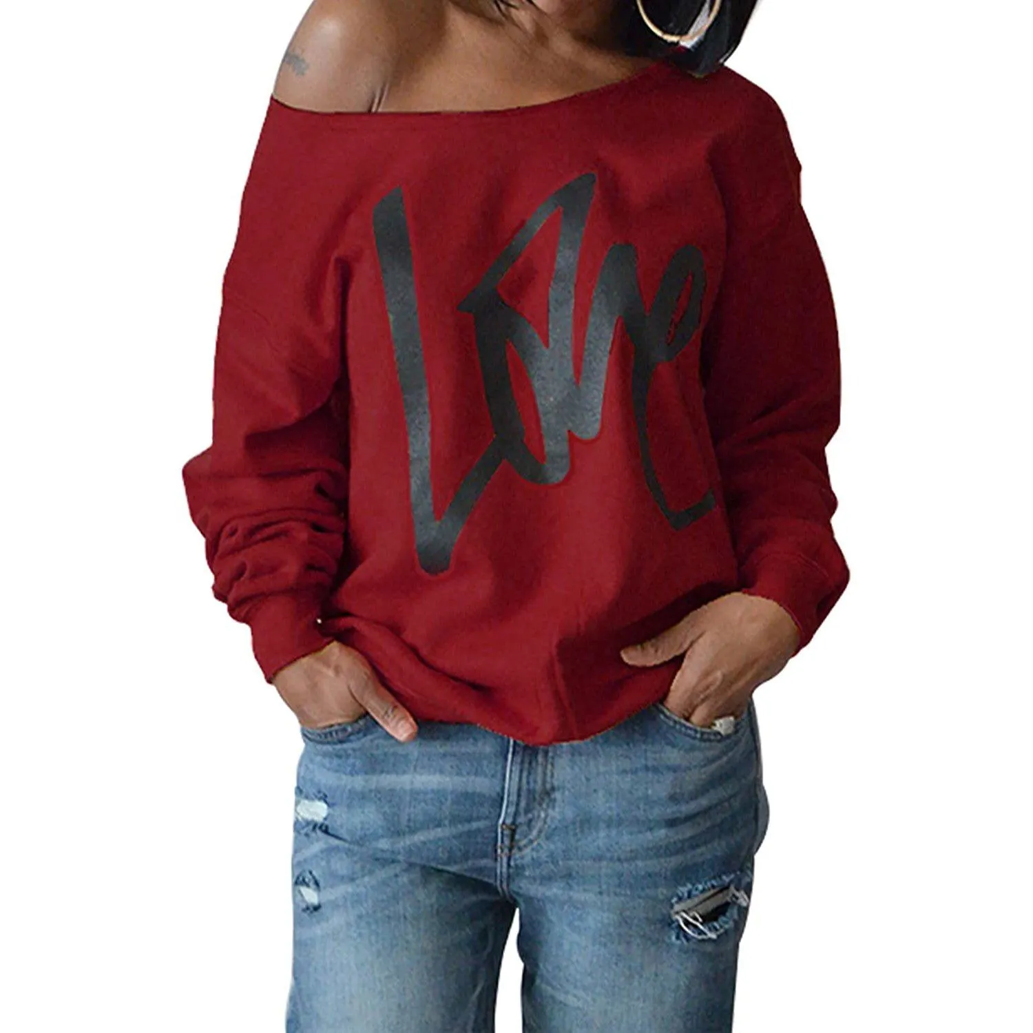 Womens Love Letter Printed Off Shoulder Pullover Sweatshirt Slouchy Tops Shirts