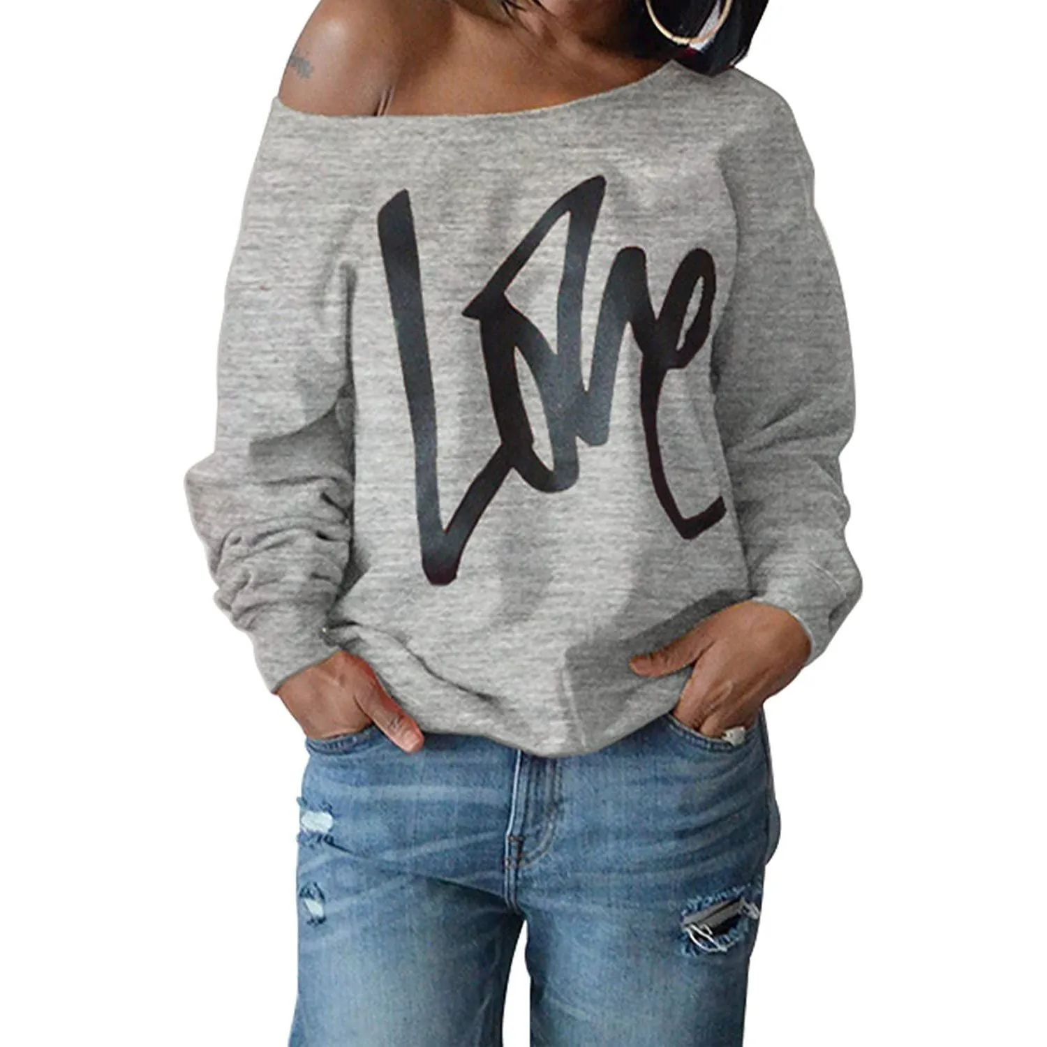 Womens Love Letter Printed Off Shoulder Pullover Sweatshirt Slouchy Tops Shirts