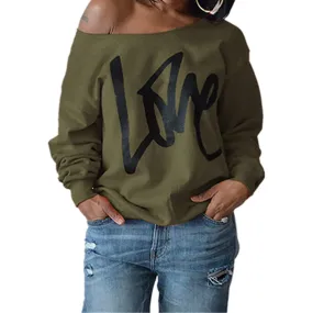 Womens Love Letter Printed Off Shoulder Pullover Sweatshirt Slouchy Tops Shirts