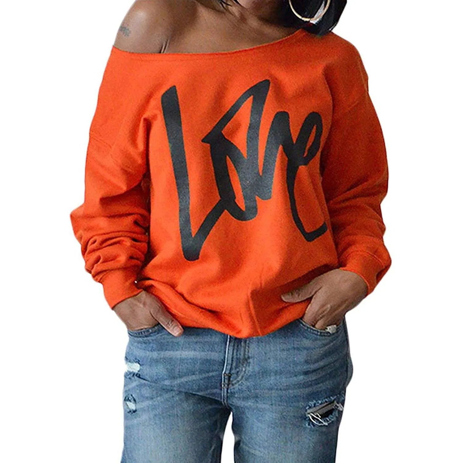 Womens Love Letter Printed Off Shoulder Pullover Sweatshirt Slouchy Tops Shirts