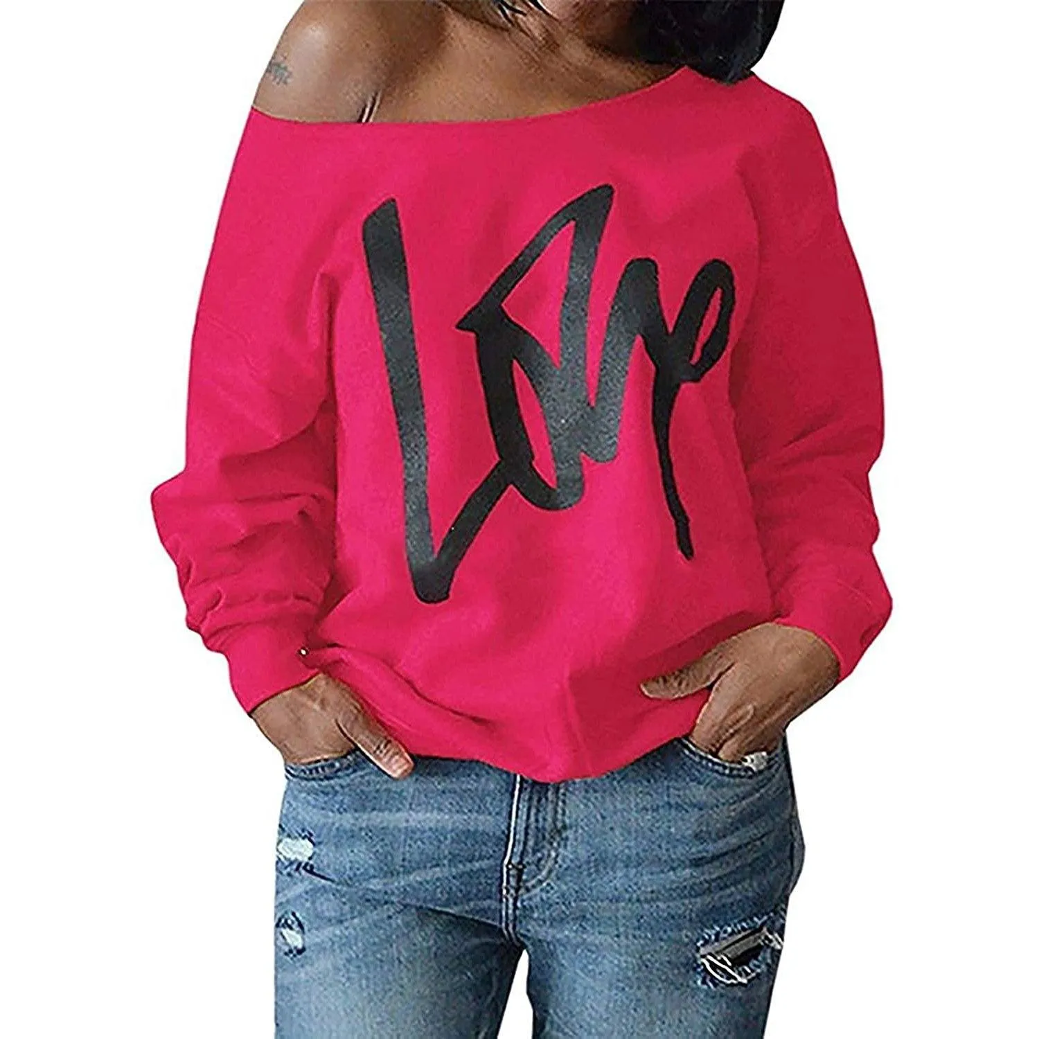 Womens Love Letter Printed Off Shoulder Pullover Sweatshirt Slouchy Tops Shirts