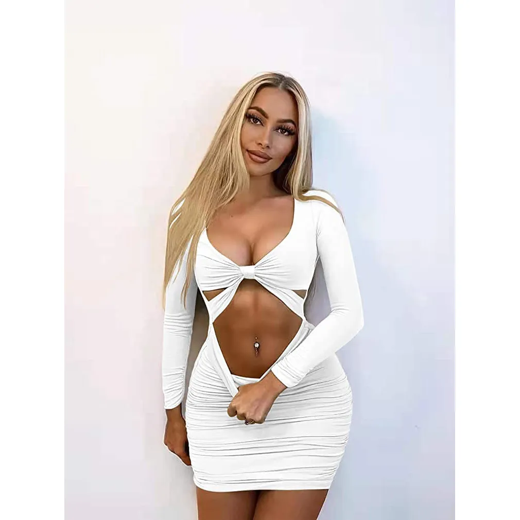 Women's Sexy Bodycon Deep V Neck Long Sleeve Cut Out Club Mini Dress