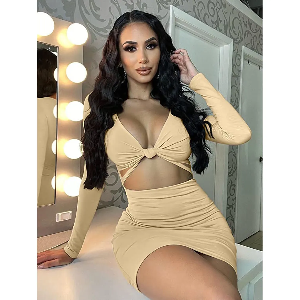 Women's Sexy Bodycon Deep V Neck Long Sleeve Cut Out Club Mini Dress