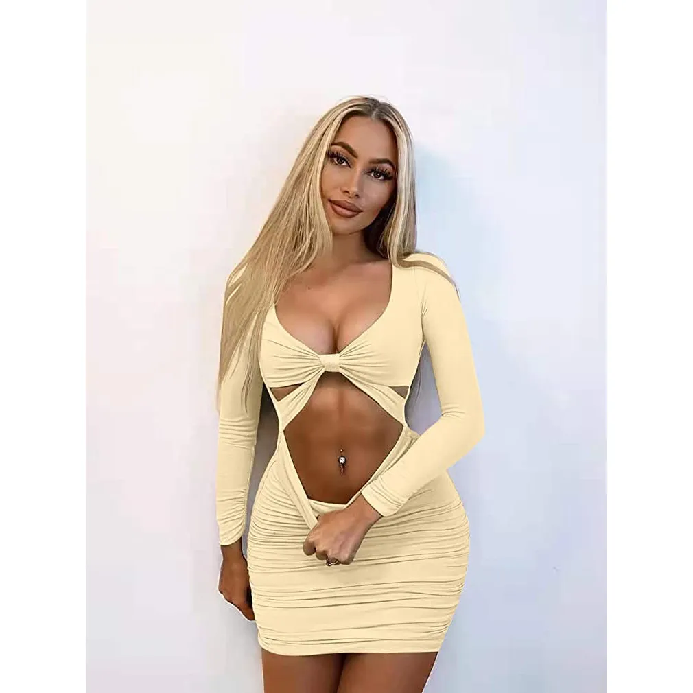 Women's Sexy Bodycon Deep V Neck Long Sleeve Cut Out Club Mini Dress