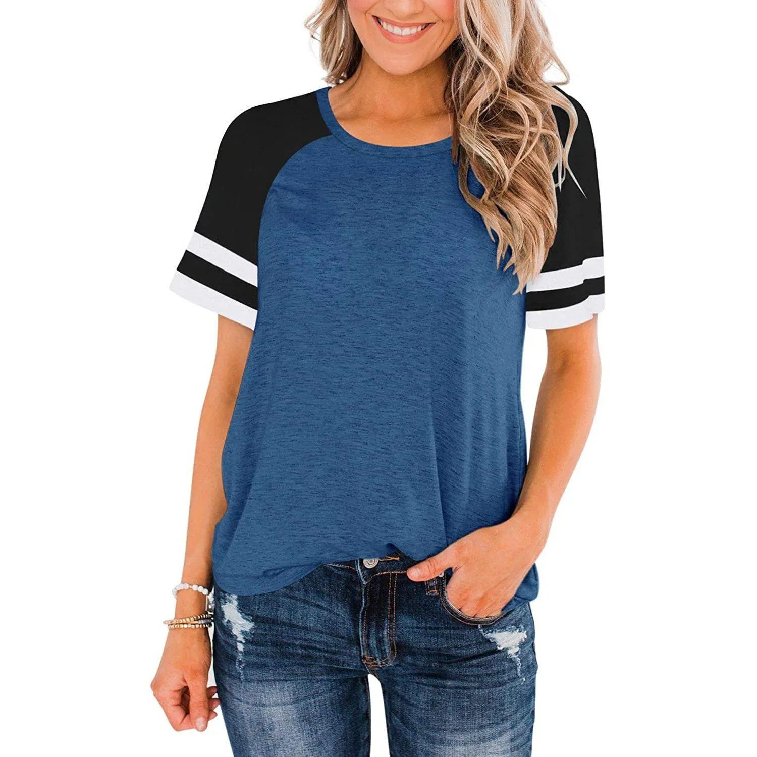 Womens Short Sleeve Shirts Crew Neck Color Block