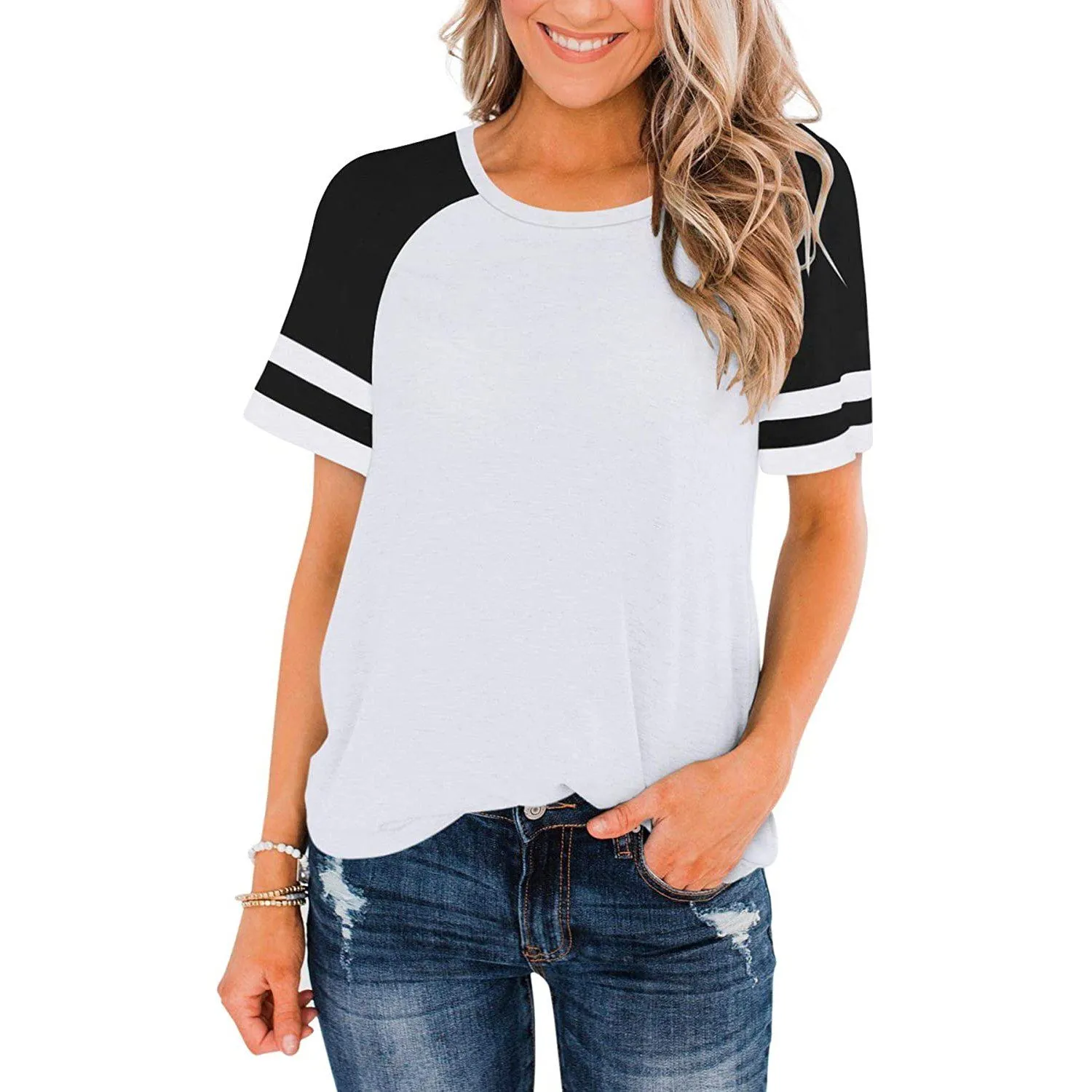 Womens Short Sleeve Shirts Crew Neck Color Block